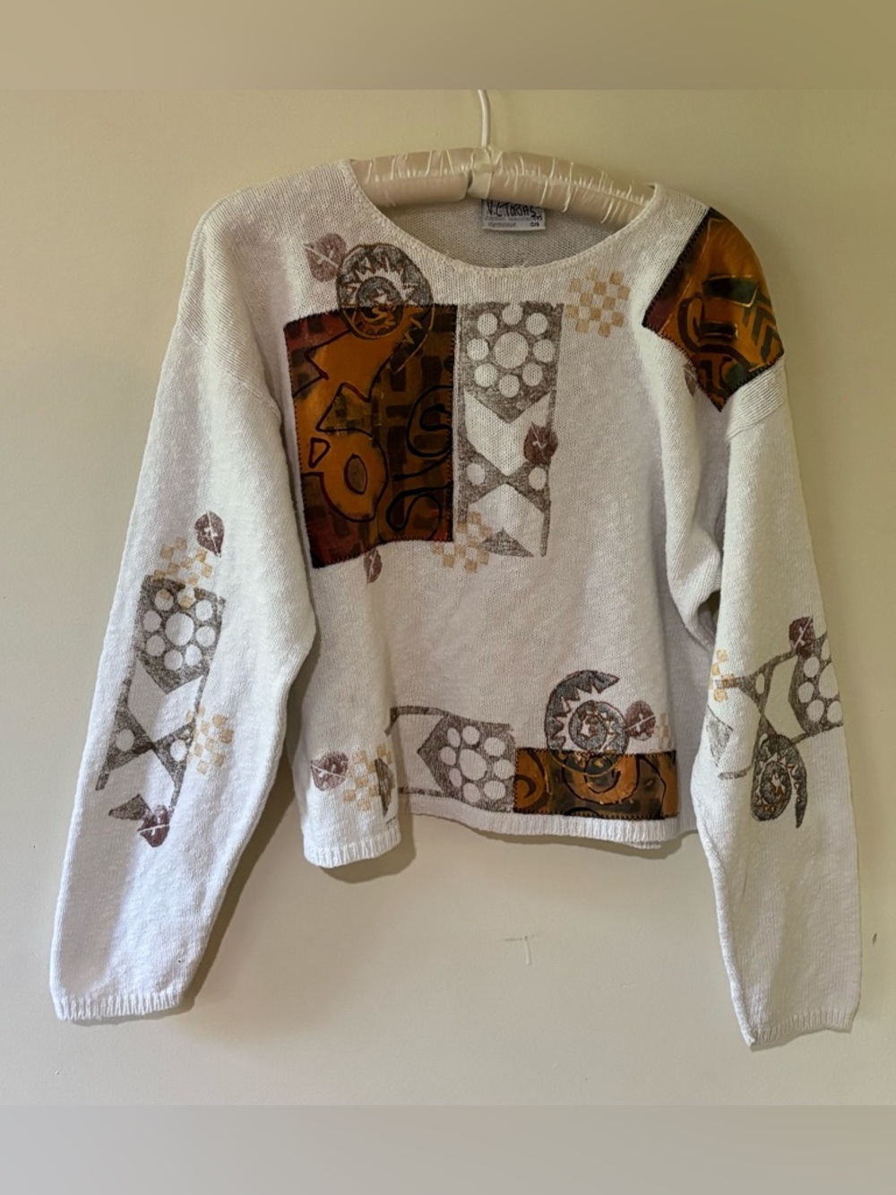 Authentic VINTAGE 80s hand painted  TOP long sleeve KNIT free size LARGE